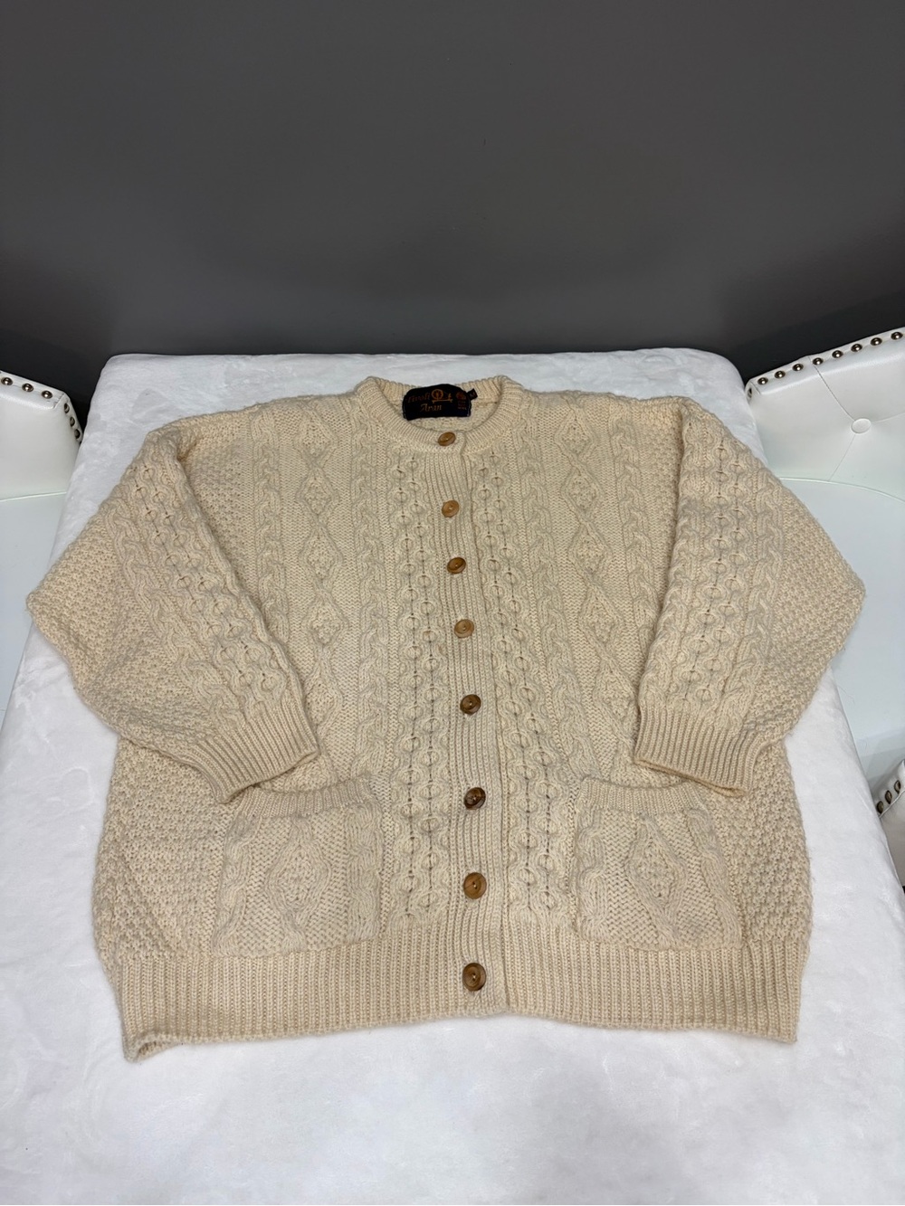 VTG Tivoli Aran Irish FISHERMAN Cardigan Sweater Cream Wool Chunky Knit Sz M/L
